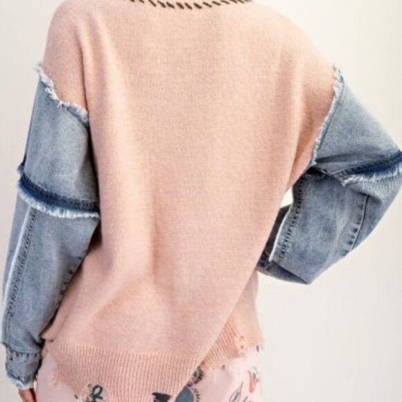 NWT LADIES SIZE S EASEL BLUSH HEART SWEATER CHAMBRAY DENIM LONG SLEEVES DISTRESS - Picture 3 of 6